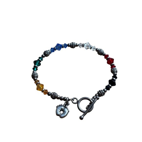 Glass Beaded Bracelet Multicolor Silvertone Baby Feet Charm Toggle Clasp 6.5 in - Picture 1 of 3
